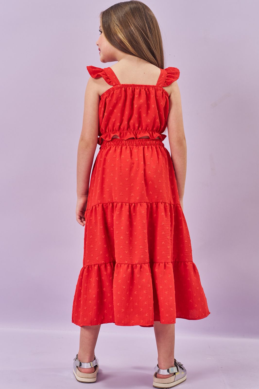 Conjunto de Top Cropped e Saia Midi em Crepe Textura Coração (com Shorts Embutido) 86013 Kukiê Infantil Menina