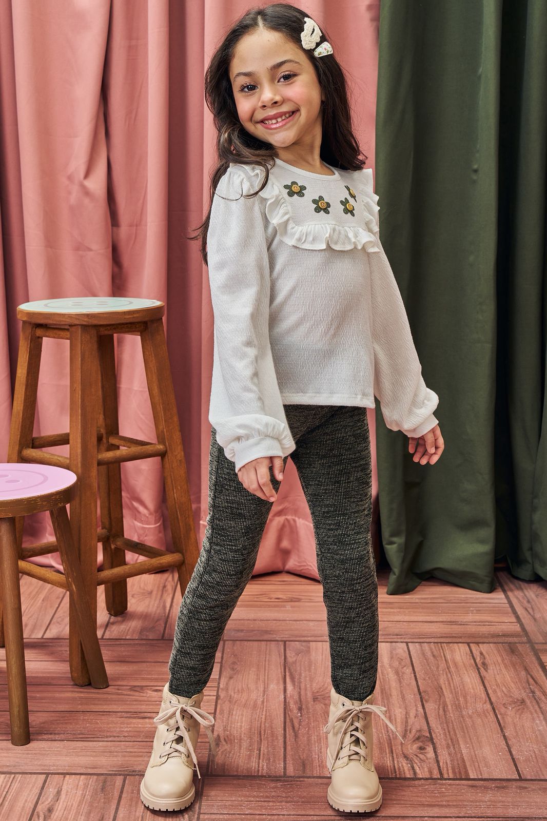 Conjunto de Bata em Malha Wave e Calça Legging em Canelado Mesclado 80855 Kukiê