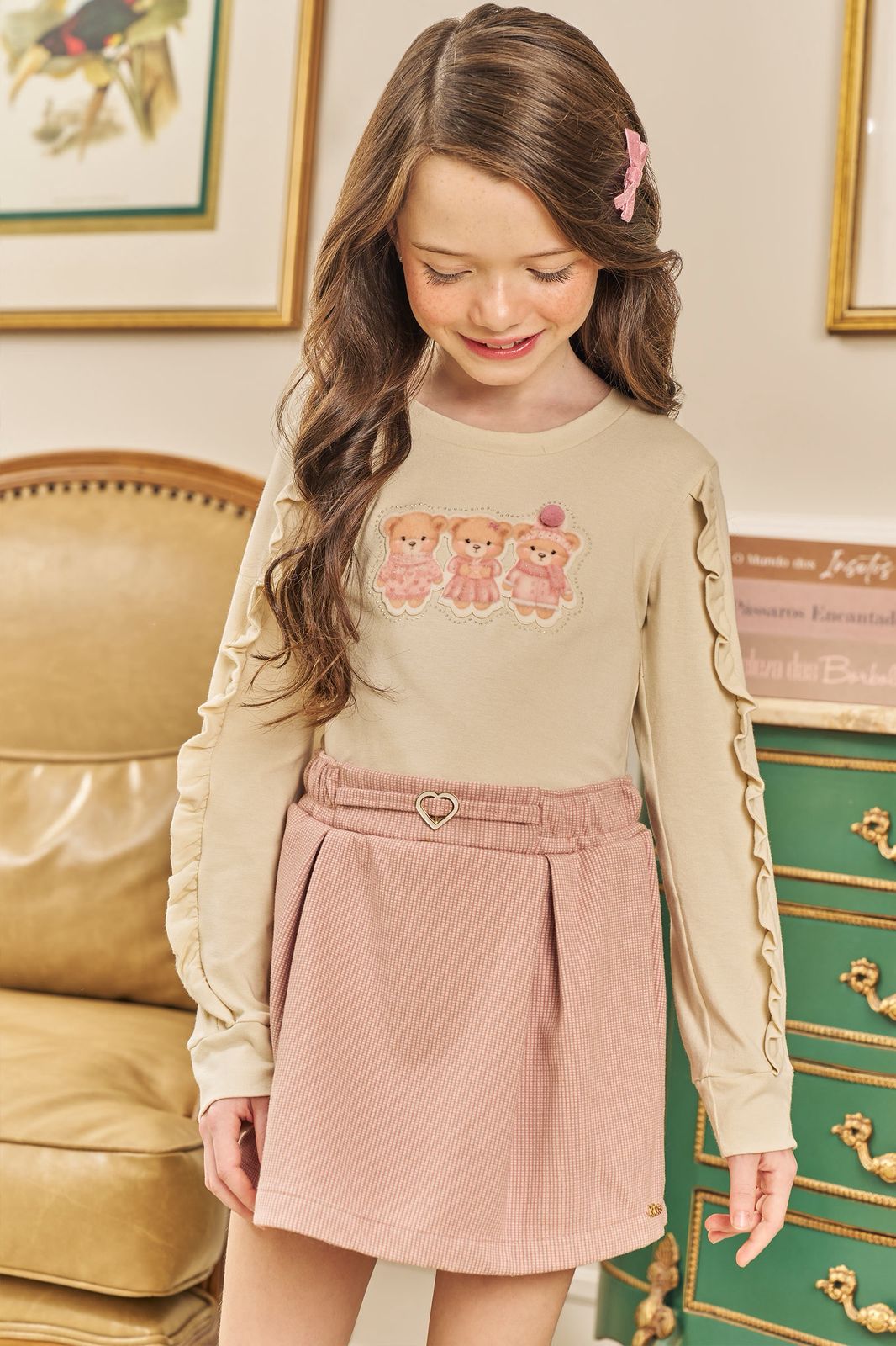 Conjunto de Blusa em Cotton e Short Saia em Lã Batida Two Tones 79439 Kukiê