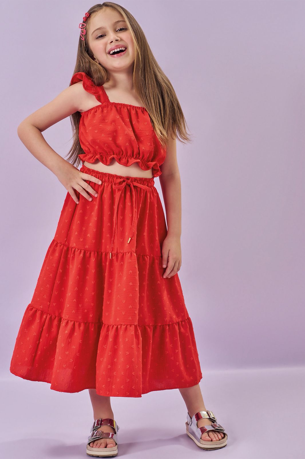 Conjunto de Top Cropped e Saia Midi em Crepe Textura Coração (com Shorts Embutido) 86013 Kukiê Infantil Menina