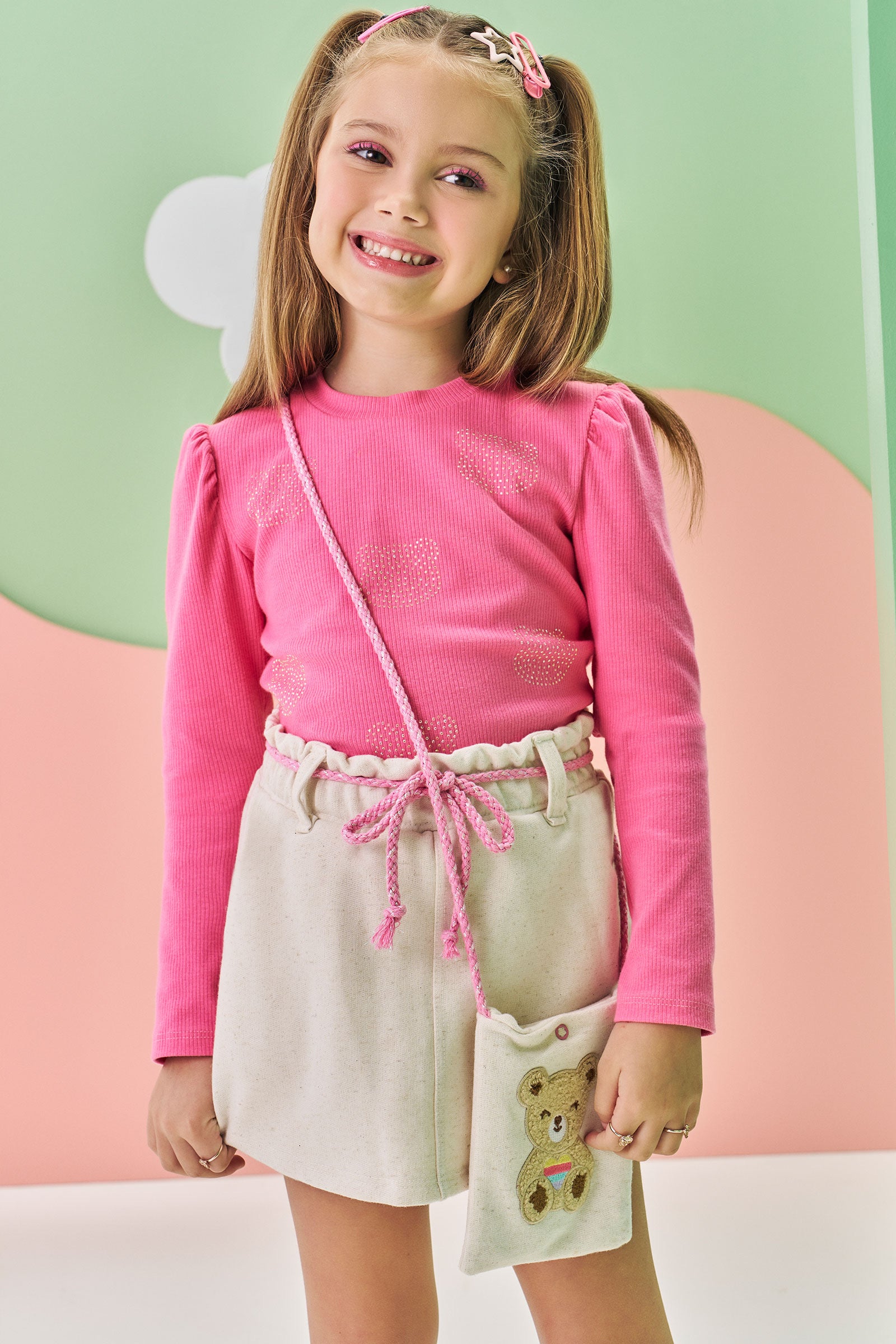 Conjunto de Blusa em Canelado e Short Saia em Moletom Linho (acompanha Bolsa) 81089 Kukiê