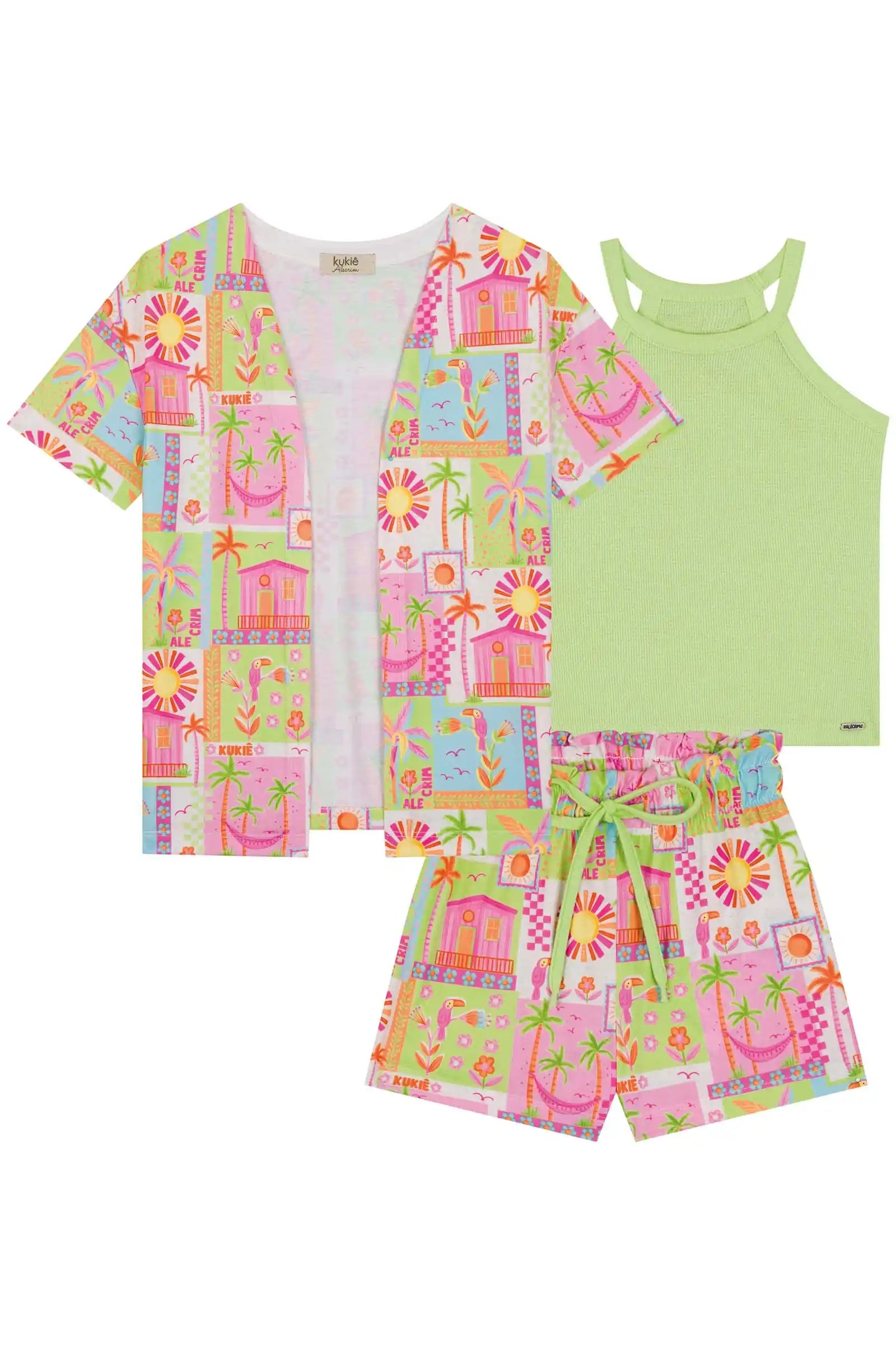 Trio de Regata em Malha Little Waffle e Shorts e Kimono em Malha Fresh 84493 Kukiê