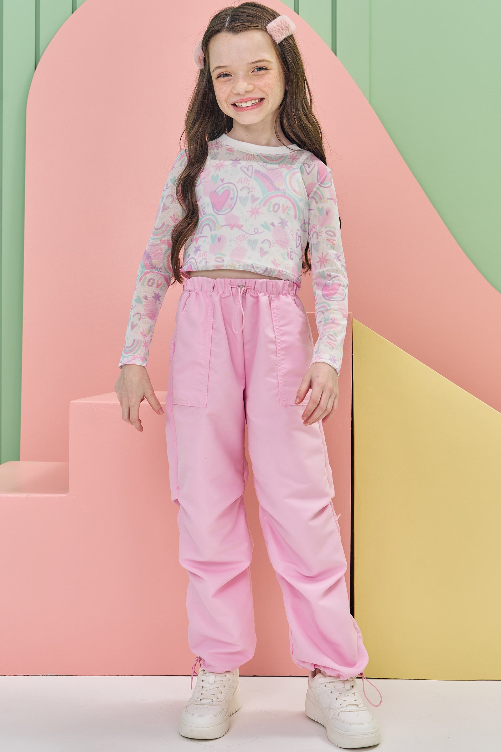 Conjunto Blusa Cropped em Tule Top em Canelado e Calça Parachute em Nylon 81072 Kukiê