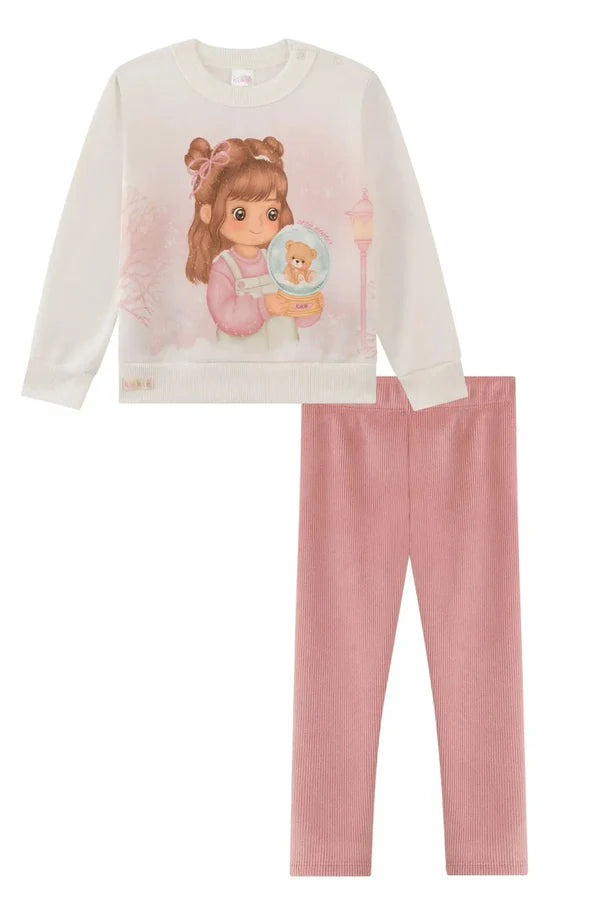 Conjunto de Blusão em Moletom com Pelúcia e Calça Legging em Fleece Cotelê com Elastano 92215 Kukiê Bebê