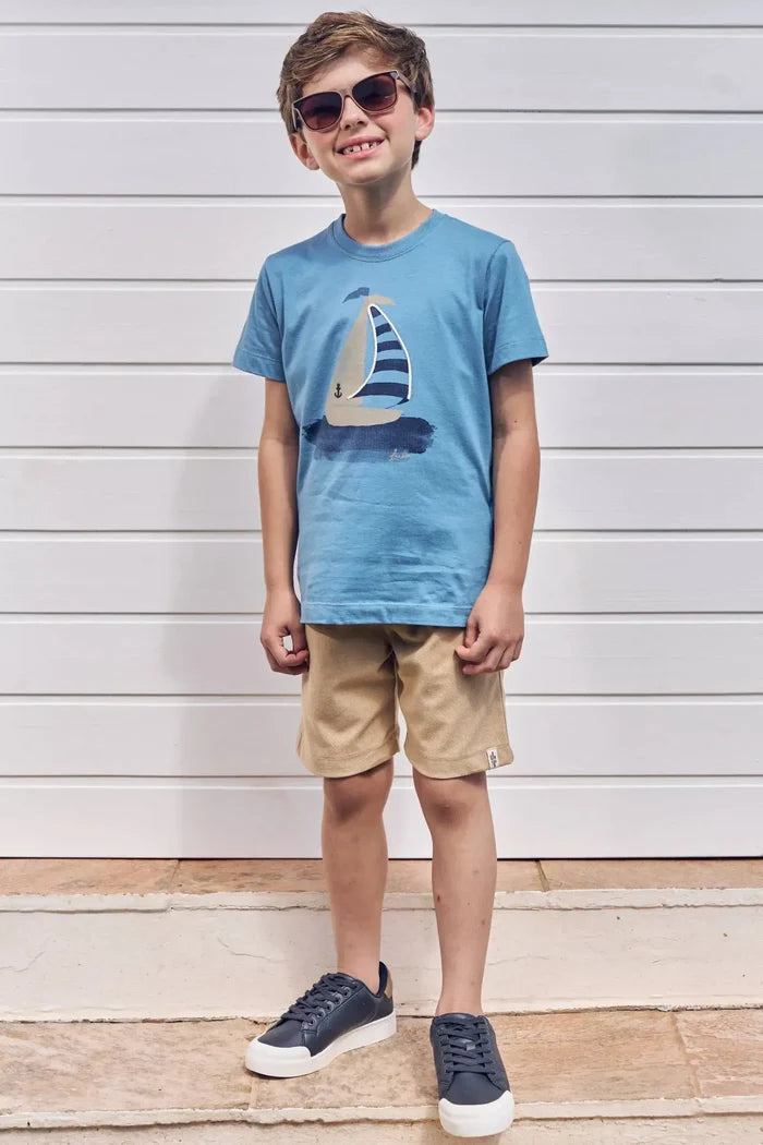 Conjunto de Camiseta em Meia Malha e Bermuda em Cotton Jeans com Elastano 82895 LucBoo Infantil Menino