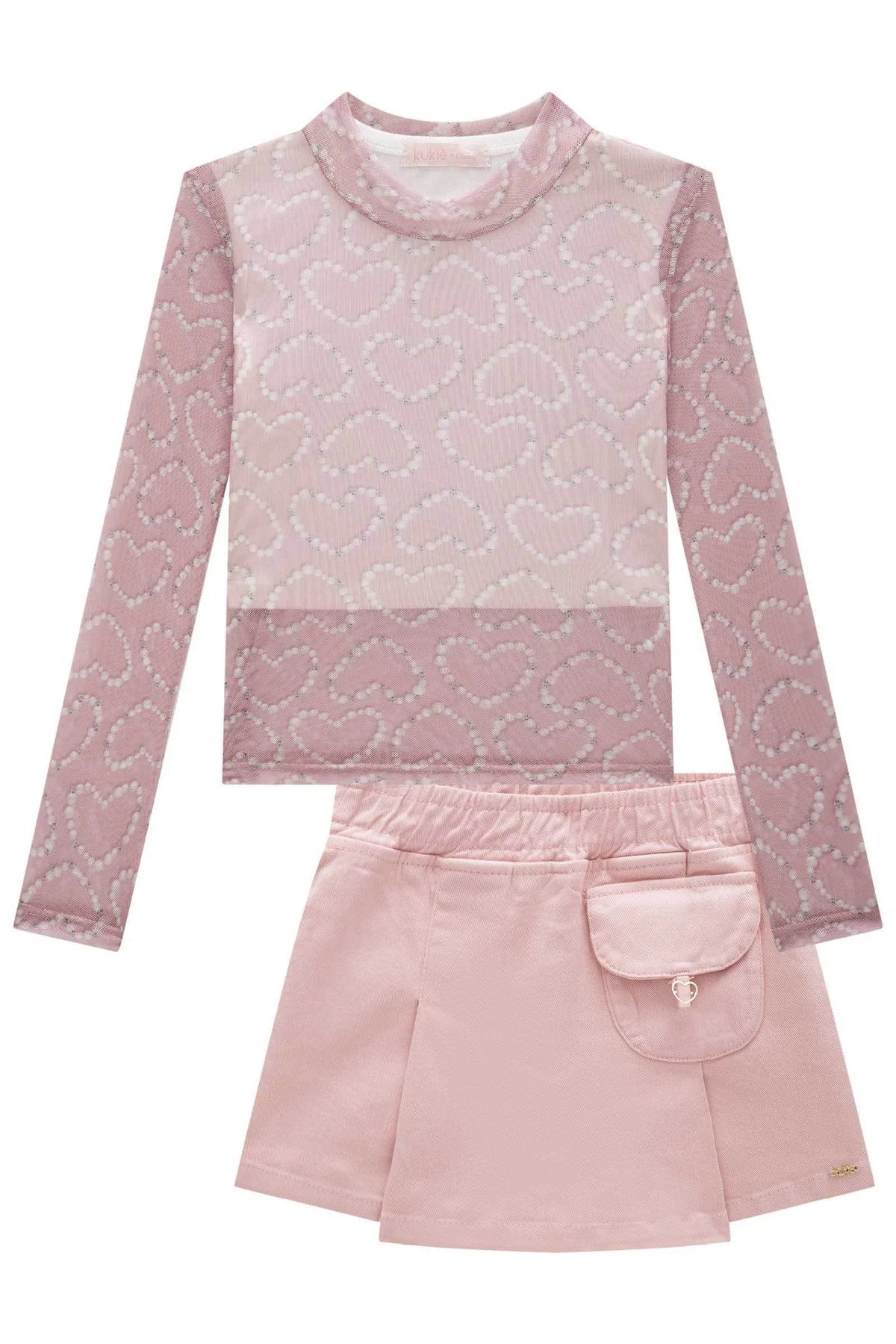 Conjunto de Blusa em Tule com Elastano Top em Canelado e Short Saia em Sarja com Elastano 79619 Kukiê