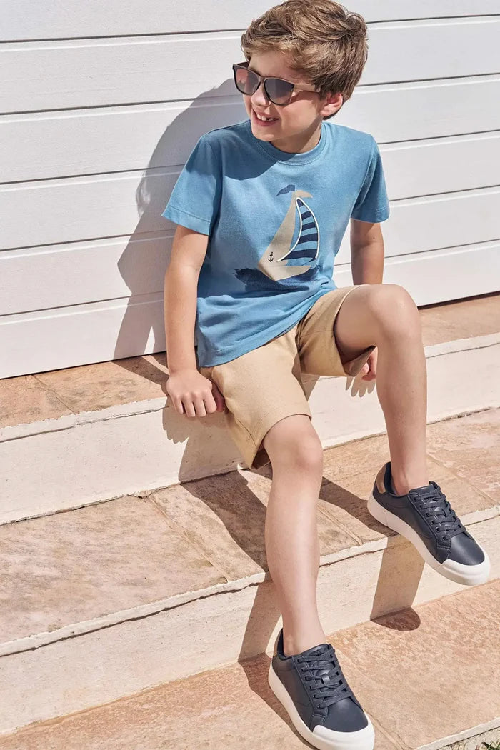 Conjunto de Camiseta em Meia Malha e Bermuda em Cotton Jeans com Elastano 82895 LucBoo Infantil Menino