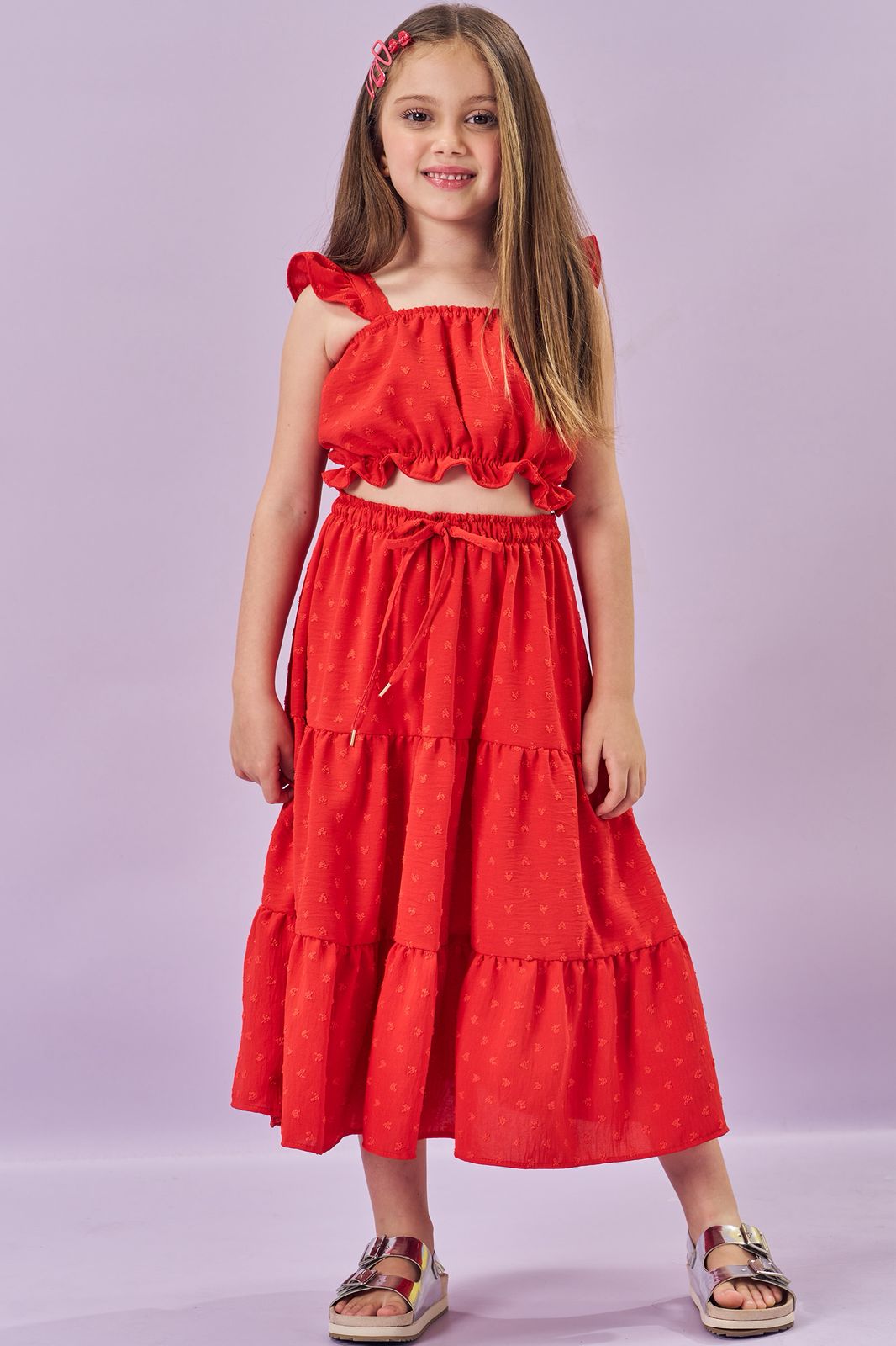 Conjunto de Top Cropped e Saia Midi em Crepe Textura Coração (com Shorts Embutido) 86013 Kukiê Infantil Menina