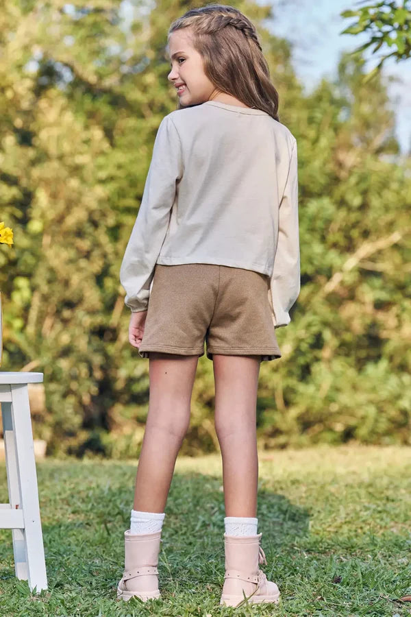 Conjunto de Blusa Boxy Over em Meia Malha e Shorts em Moletom Rajado sem Pelúcia 89592 Kukiê