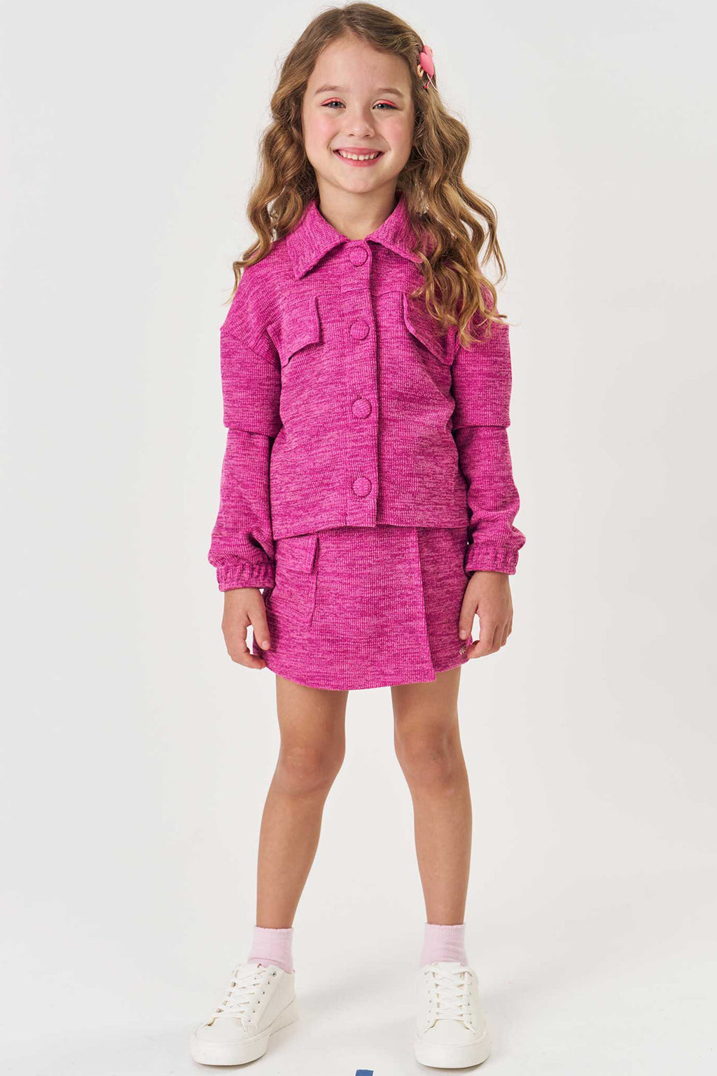 Conjunto de Jaqueta Boxy e Short Saia em Canelado Mesclado 81030 Kukiê